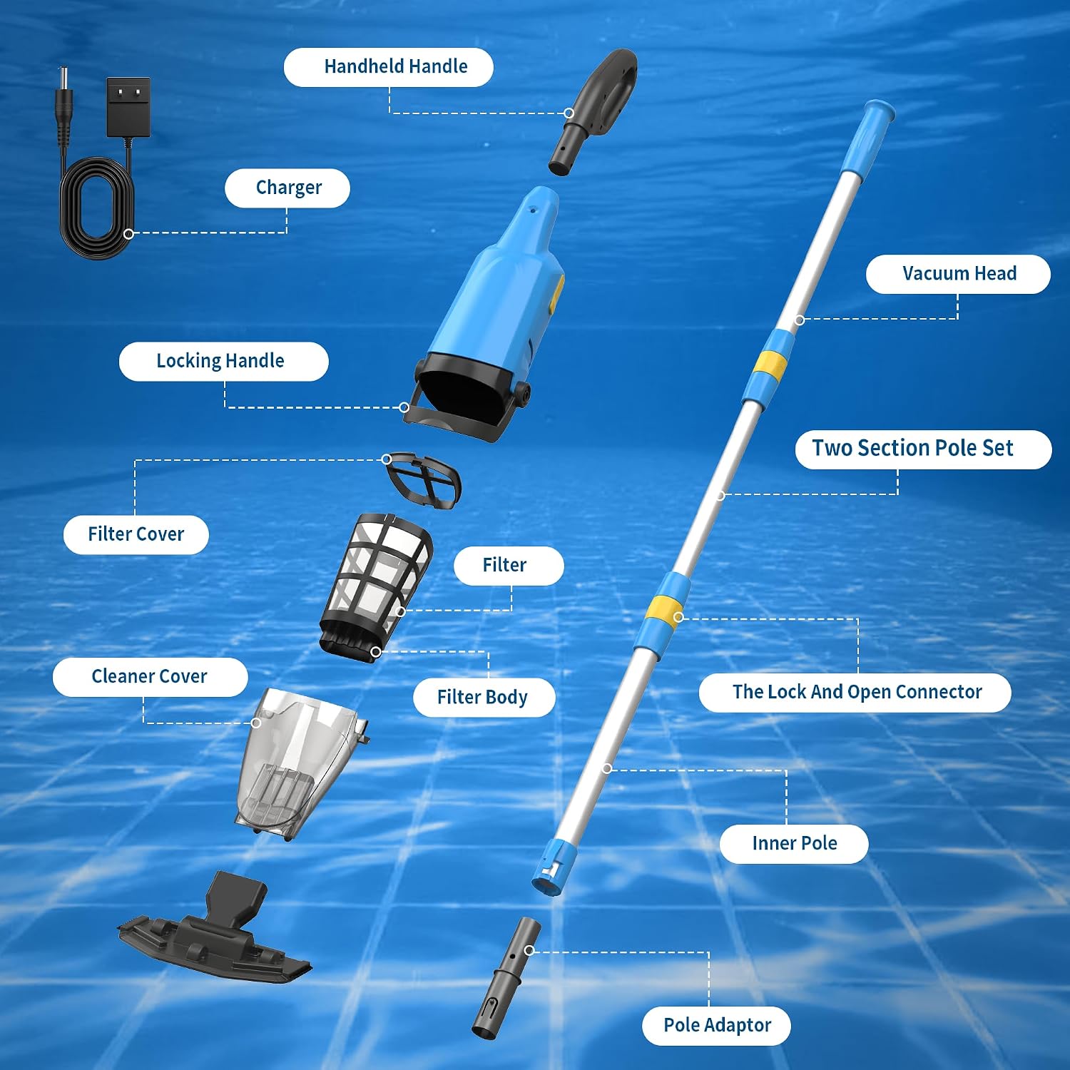 Cordless Rechargeable Pool Vacuum for Above & In-Ground Pools – 18GPM Suction, 90 Min Runtime, Fast 3H Charge, 69' Telescopic Pole – Deep Clean for Spa, Hot Tub, Sand, Leaves, Debris (Blue)