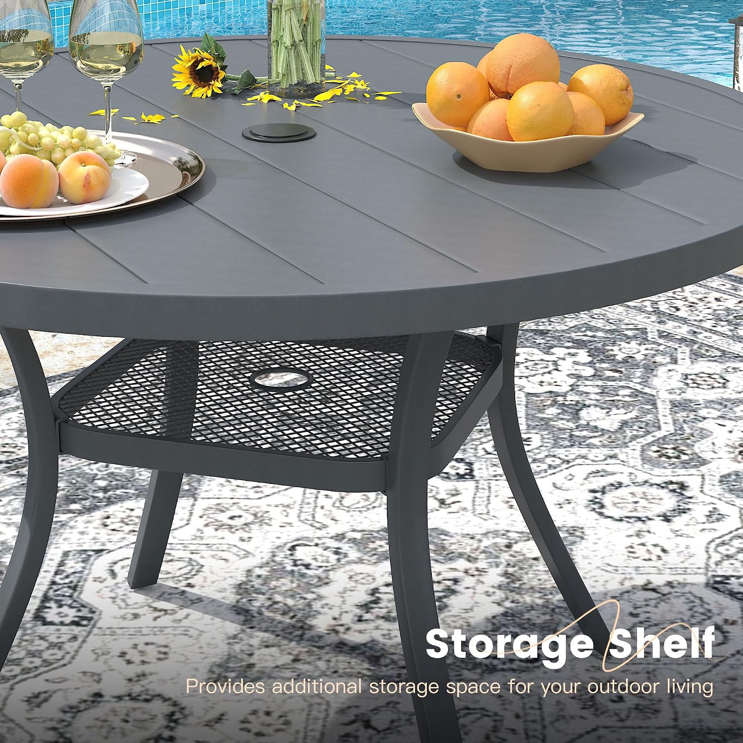 VICLLAX 40.6' Round Metal Outdoor Dining Table for 4, Patio Table with Umbrella Hole and Storage Shelf for Garden, Lawn, Deck, Dark Grey