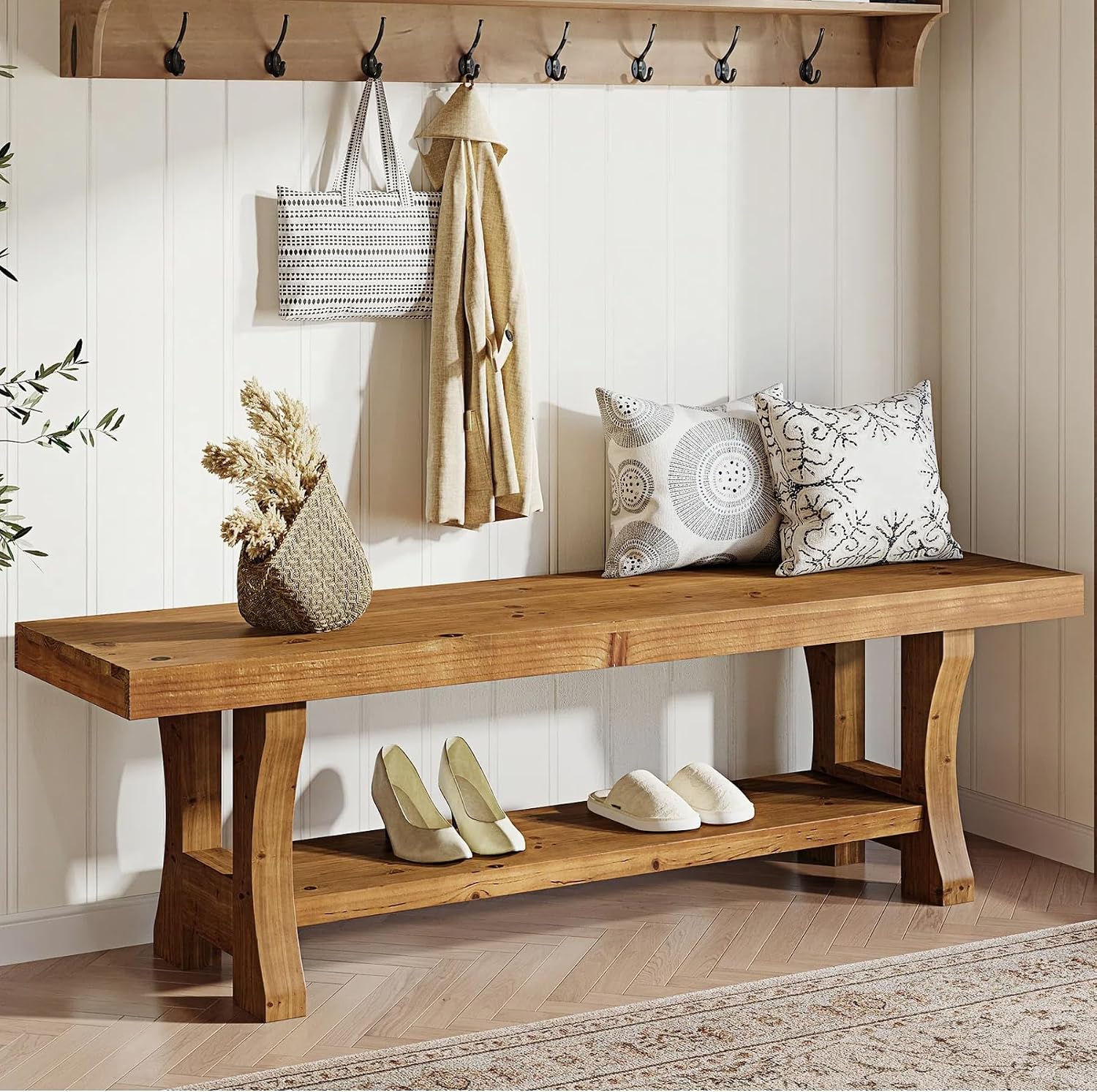 Solid Wood Entryway Bench, 55' End of Bed Bench, Long Indoor Dining Seat for Hallway, Bedroom, Living Room, Dining Room, Easy Assembly, Brown