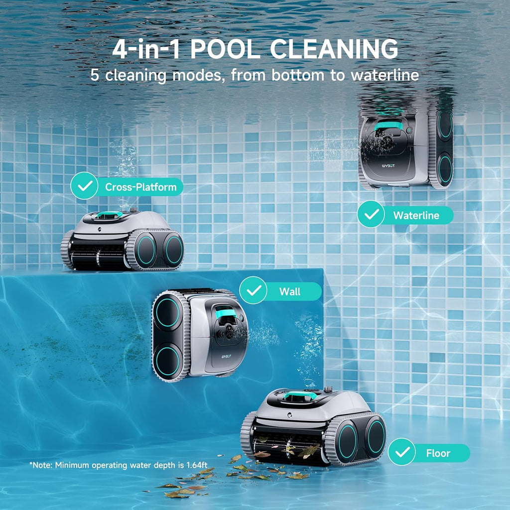 WYBOT C1 Cordless Robot Vacuum for Inground Pools, Smart Pool Cleaner for Above Ground Pool up to 1,614 Sq.ft, 4-in-1 Wall & Waterline Cleaning, 150 Mins Runtime - Grey with White