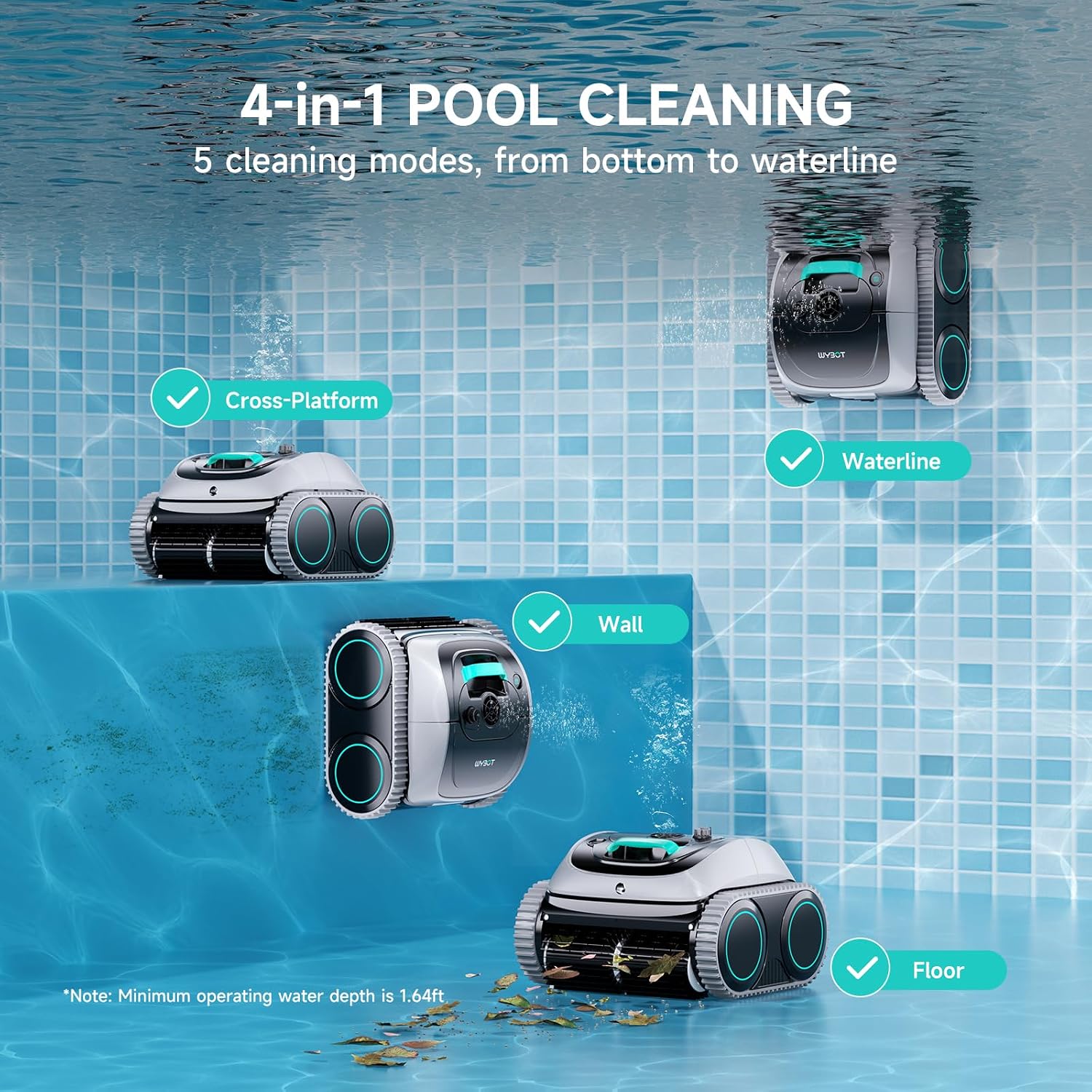 WYBOT C1 Cordless Robot Vacuum for Inground Pools, Smart Pool Cleaner for Above Ground Pool up to 1,614 Sq.ft, 4-in-1 Wall & Waterline Cleaning, 150 Mins Runtime - Grey with White