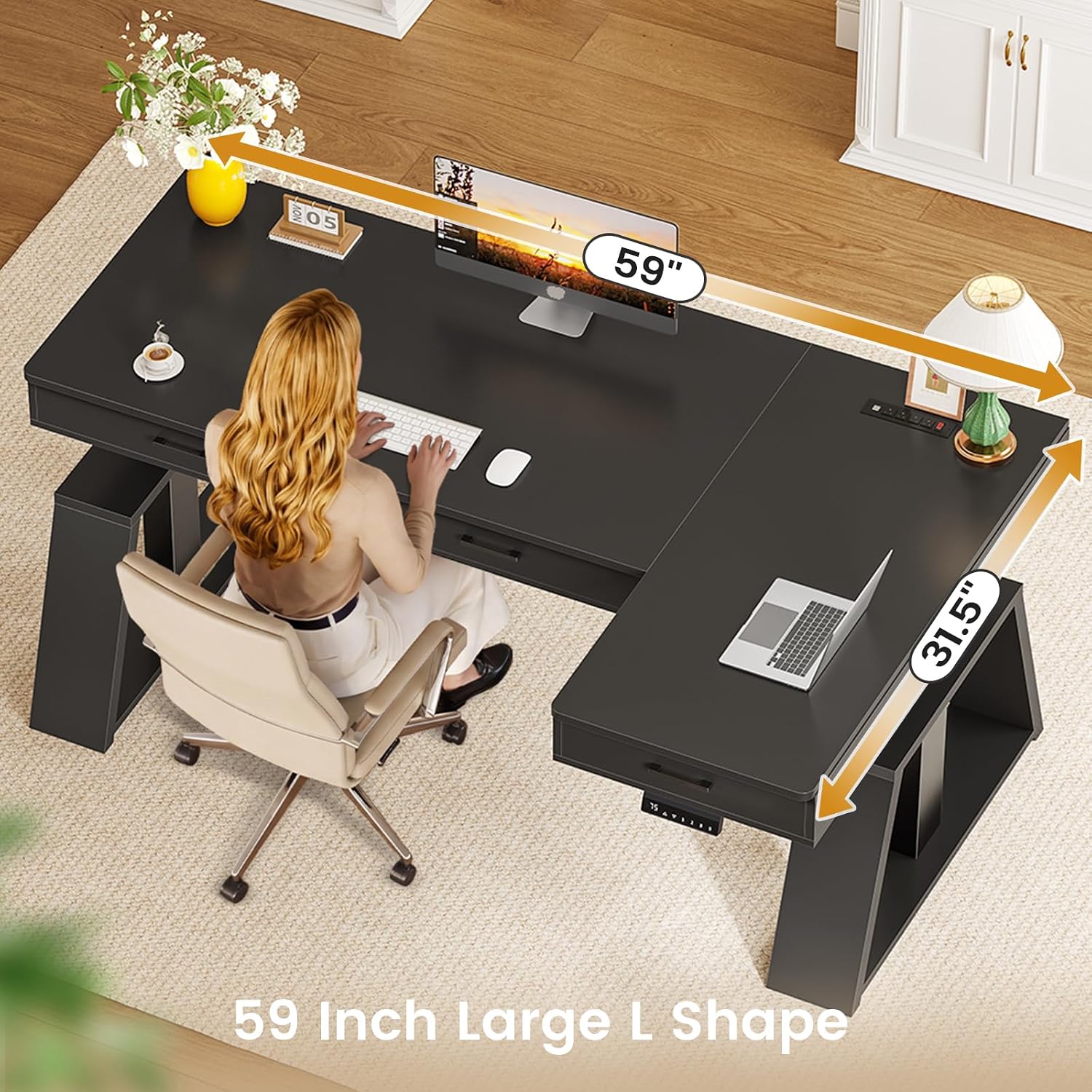 SEDETA 59 Inch L Shaped Electric Standing Desk with Drawers, Executive Adjustable Desk with Power Outlets, Monitor Stand, Sit Stand Computer Table for Home Office, Black