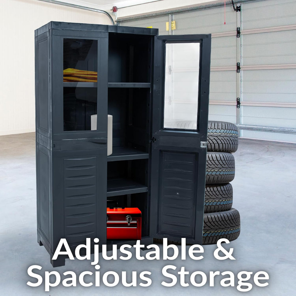 Sunnydaze 48.75' H Resin Garage Storage Cabinet - Garage Cabinet with 2 Acrylic Glass Doors - Freestanding Utility Storage for Laundry Room, Office, Basement - Charcoal