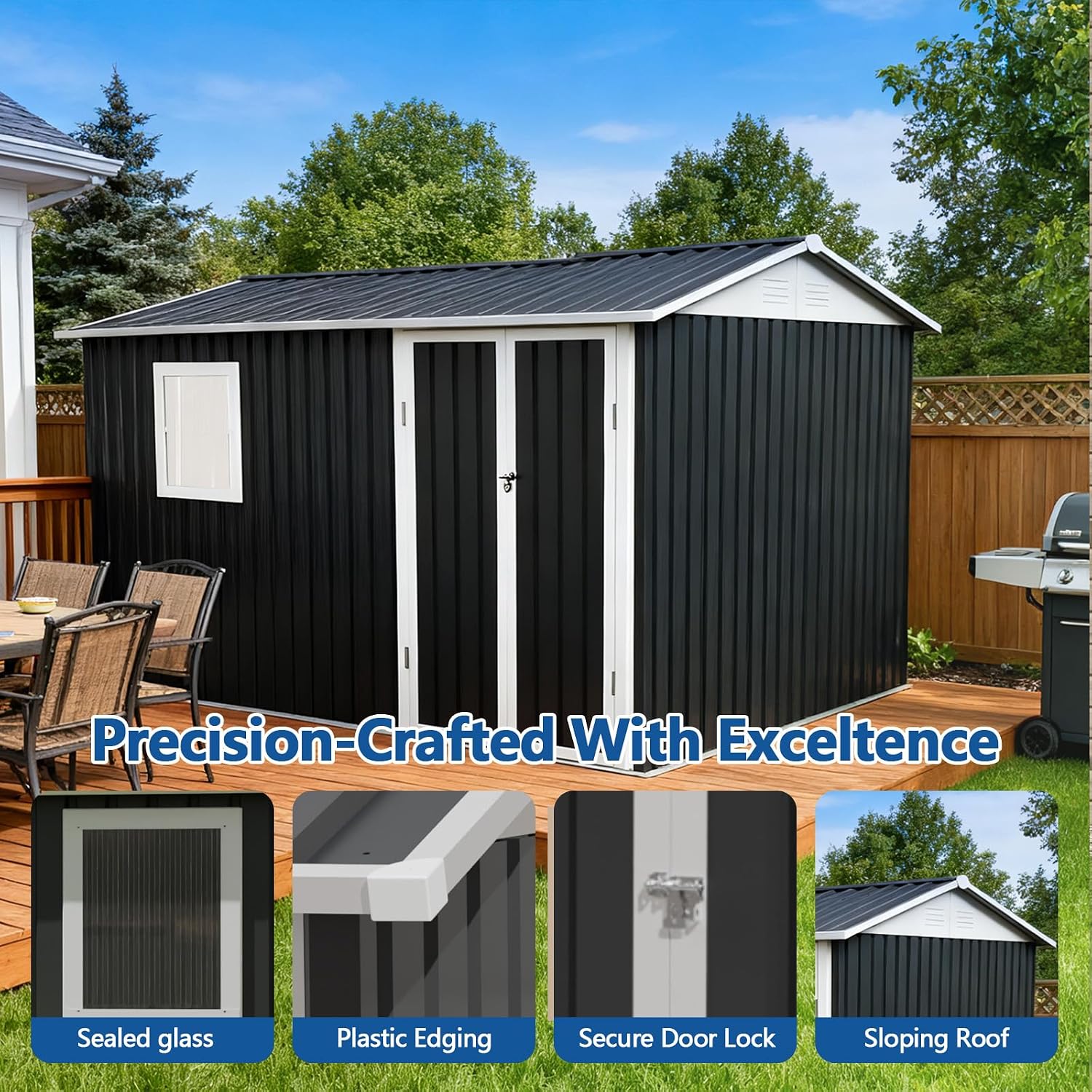 9.5 x 6.7FT Outdoor Storage Shed, Utility Tool Shed with Door & Lock Metal Storage Garden Shed for Patio Storage (Grey, 9.5 x 6.7FT)