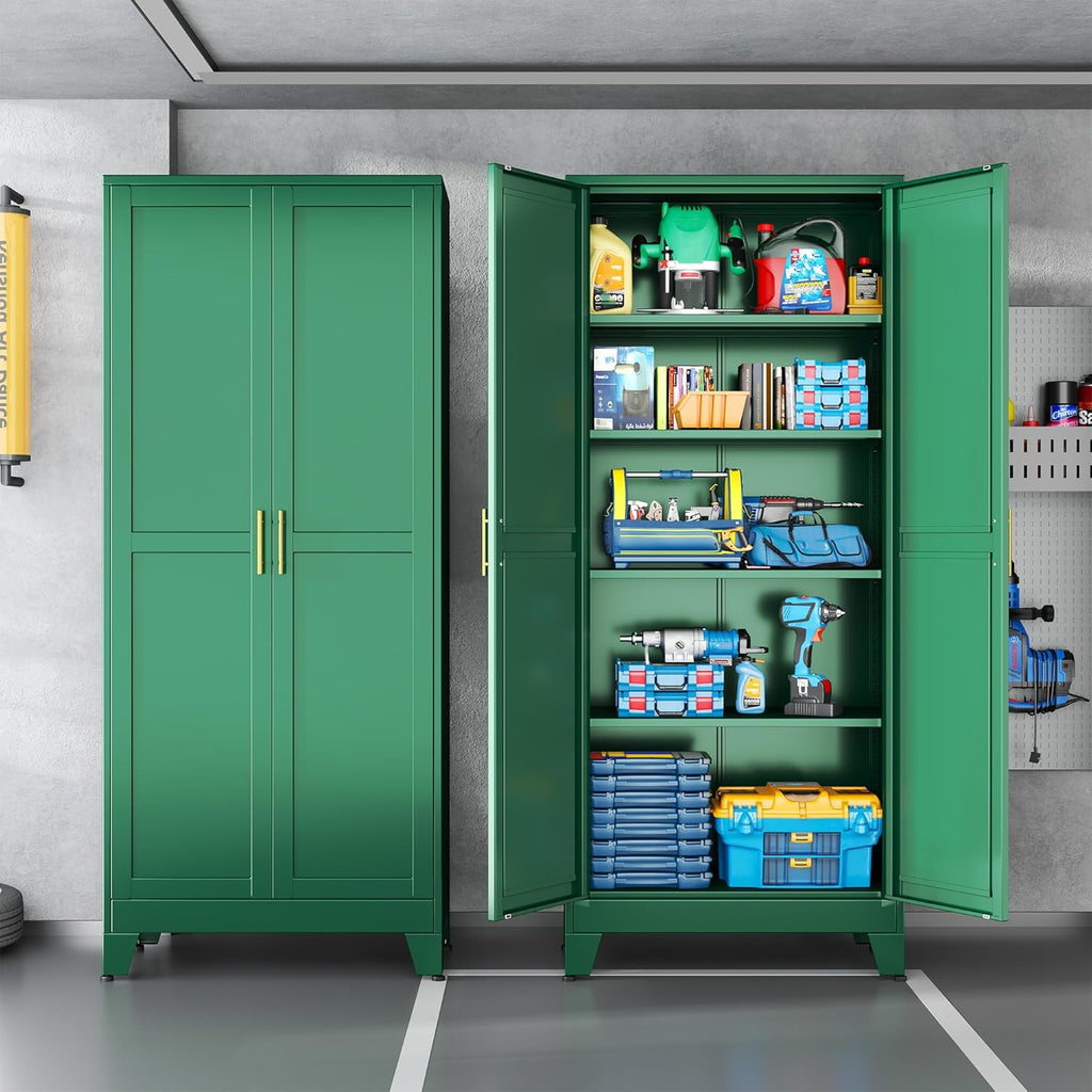 Green Metal Storage Cabinet,75' Steel Cabinets for Home Office, Kitchen Pantry Storage Cabinet with Doors and 5 Adjustable Shelves, Tool Cabinets, for Office, Home, Garage, School