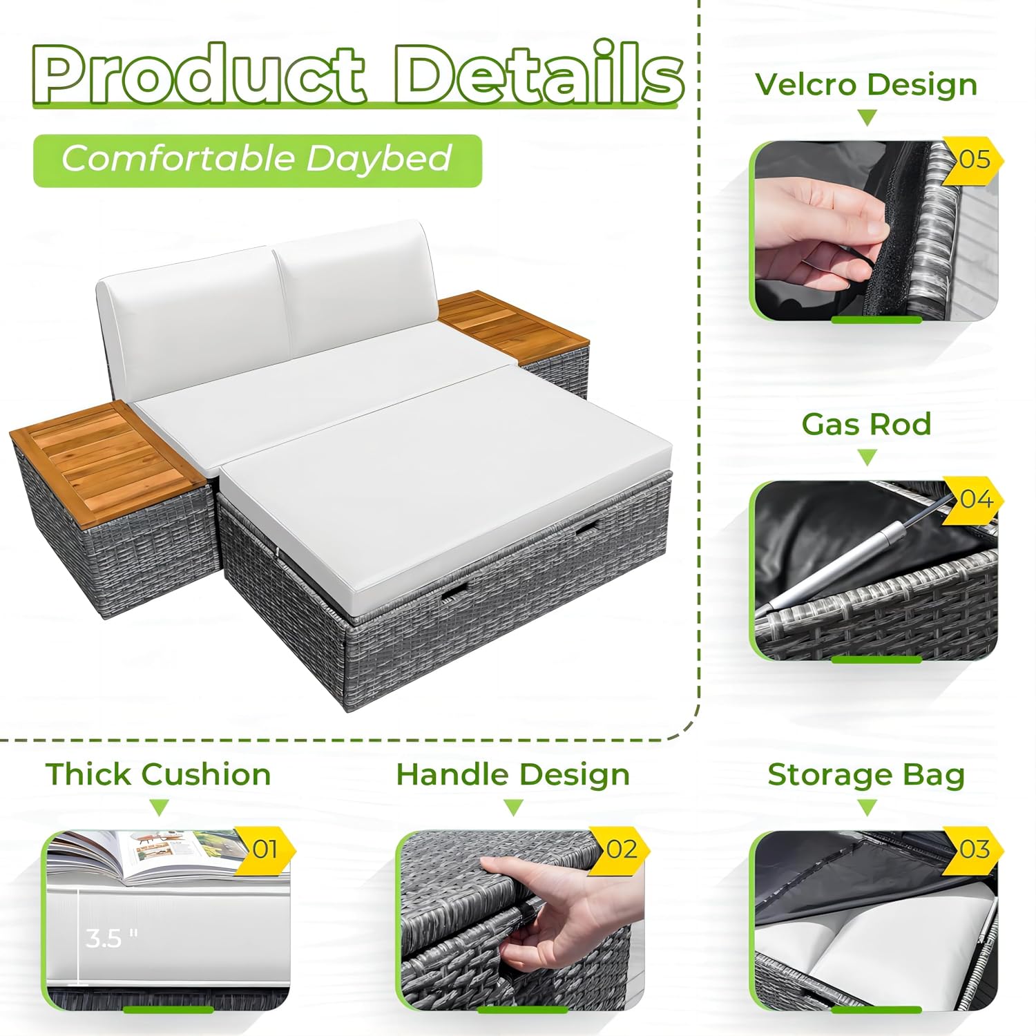 Greesum Outdoor Daybed Set Multifunctional Wicker Lounge Bed Furniture with Two Side Tables, Cushions, Storage Bench for Porch Lawn Patio Beach, OneSize, White