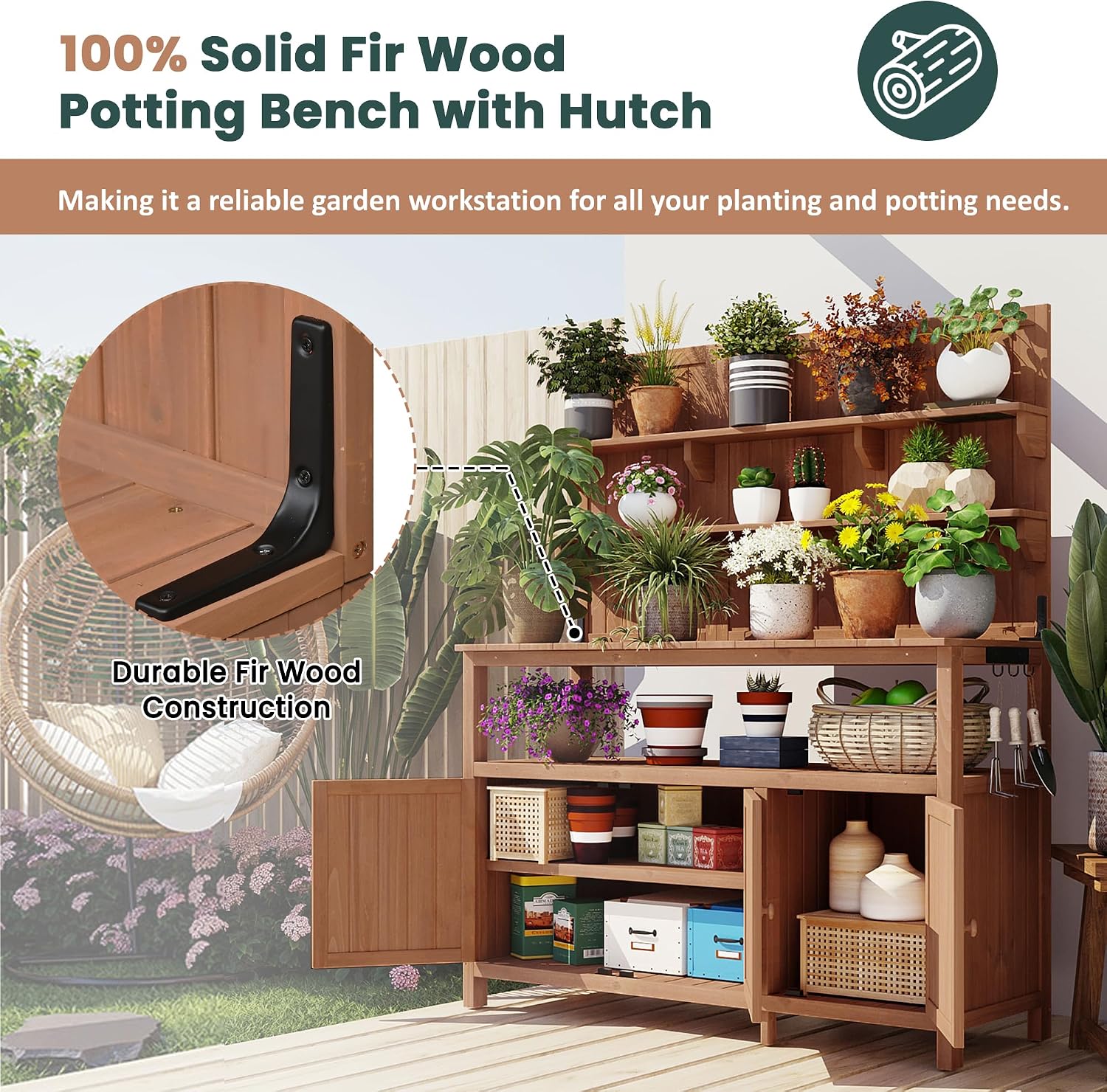 JIVOIT Outdoor Garden Potting Bench Table, 50.2' Solid Fir Wood Garden Workstation Work Bench, Outdoor Planting Table with Hutch, Large Countertop, 2 Shelves, 2 Cabinets, 3 Side Hooks