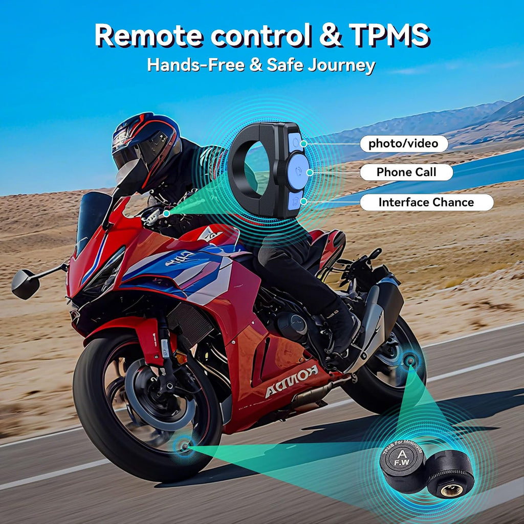 Wireless Motorcycle Apple Carplay & Android Auto,7 Inch Touchscreen with AHD Dual Cam,Siri & Google Assistant, Looping Recording/BSD/Bluetooth 5.2/ GPS/Remote Control/TMPS /IP69K Waterproof /128GB