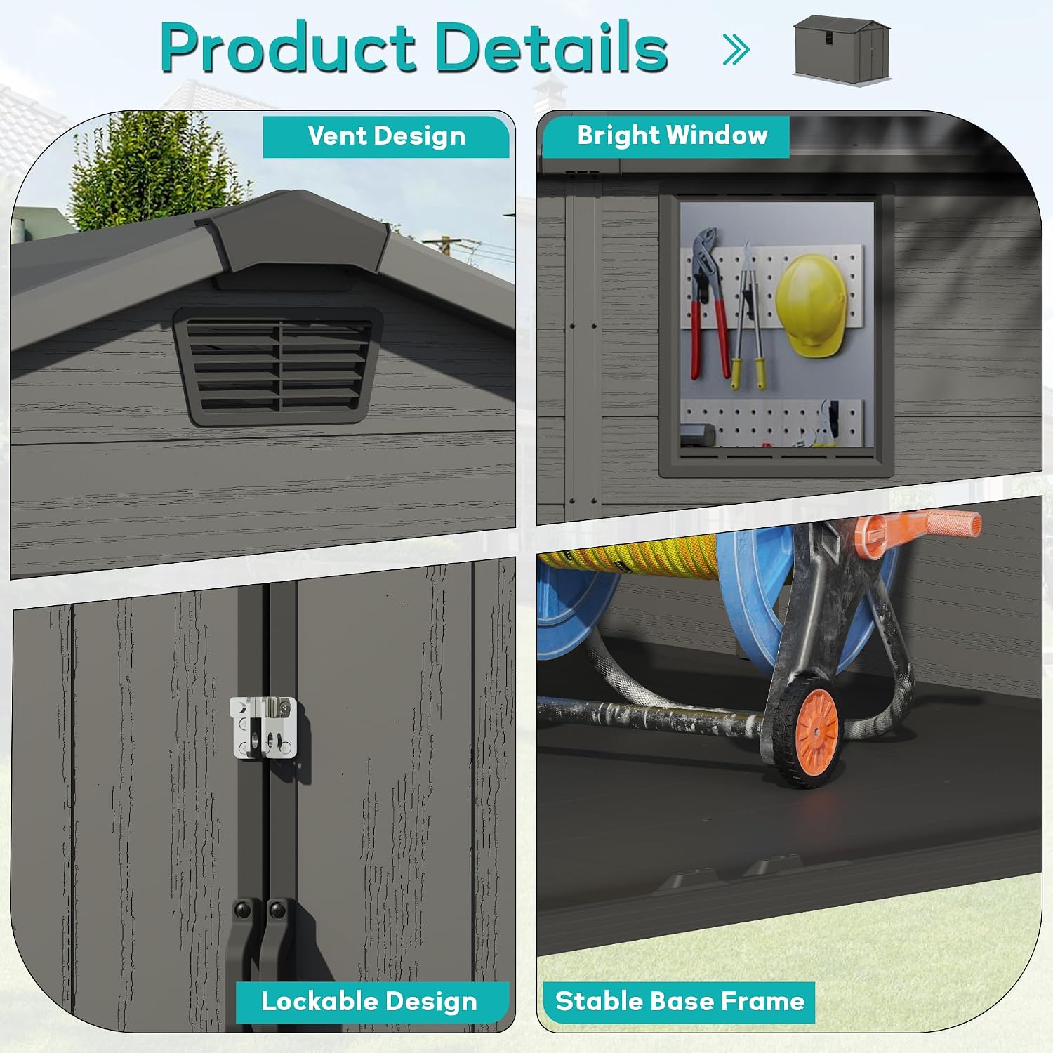 Greesum 6x10FT Plastic Storage Shed with Floor, Resin Outdoor Storaged Sheds with Lockable Double Door, Window and Vents, All-Weather Tool Sheds for Garden, Backyard, Patio, Dark Gray