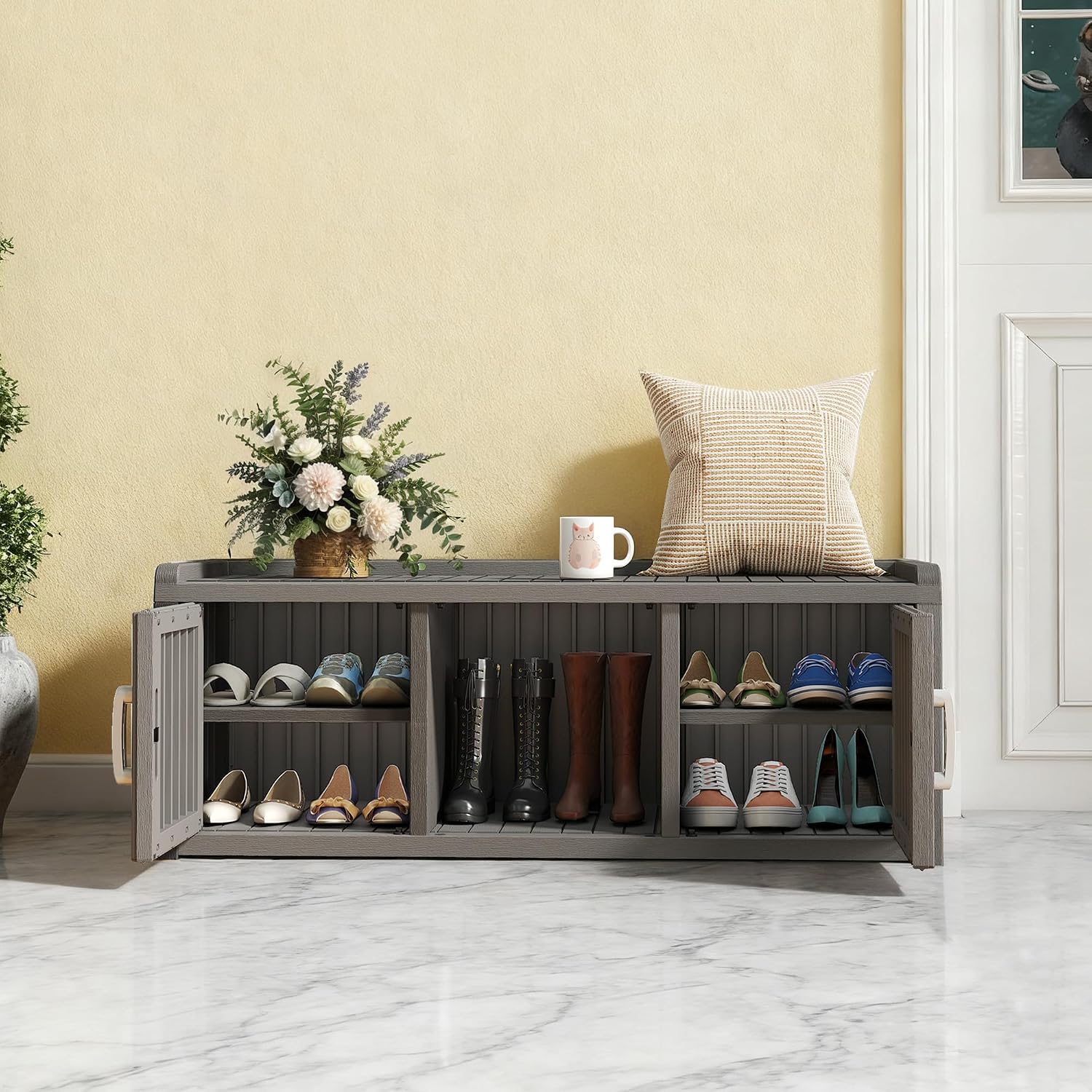 NUNU LAB Resin Shoe Cabinet,Waterproof Shoe Storage Cabinet with Adjustable Shelves,Entryway Storage Bench with Seat,Shoe Bench with Doors for Foyer,Hallway,Living Room (Grey, 2-Door Big)