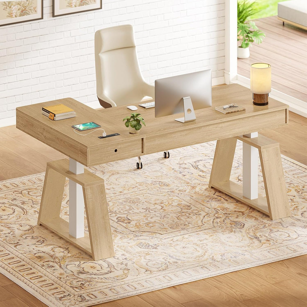 SEDETA 59 Inch L Shaped Electric Standing Desk with Drawers, Executive Adjustable Desk with Power Outlets, Sit Stand Computer Table for Home Office, Oak