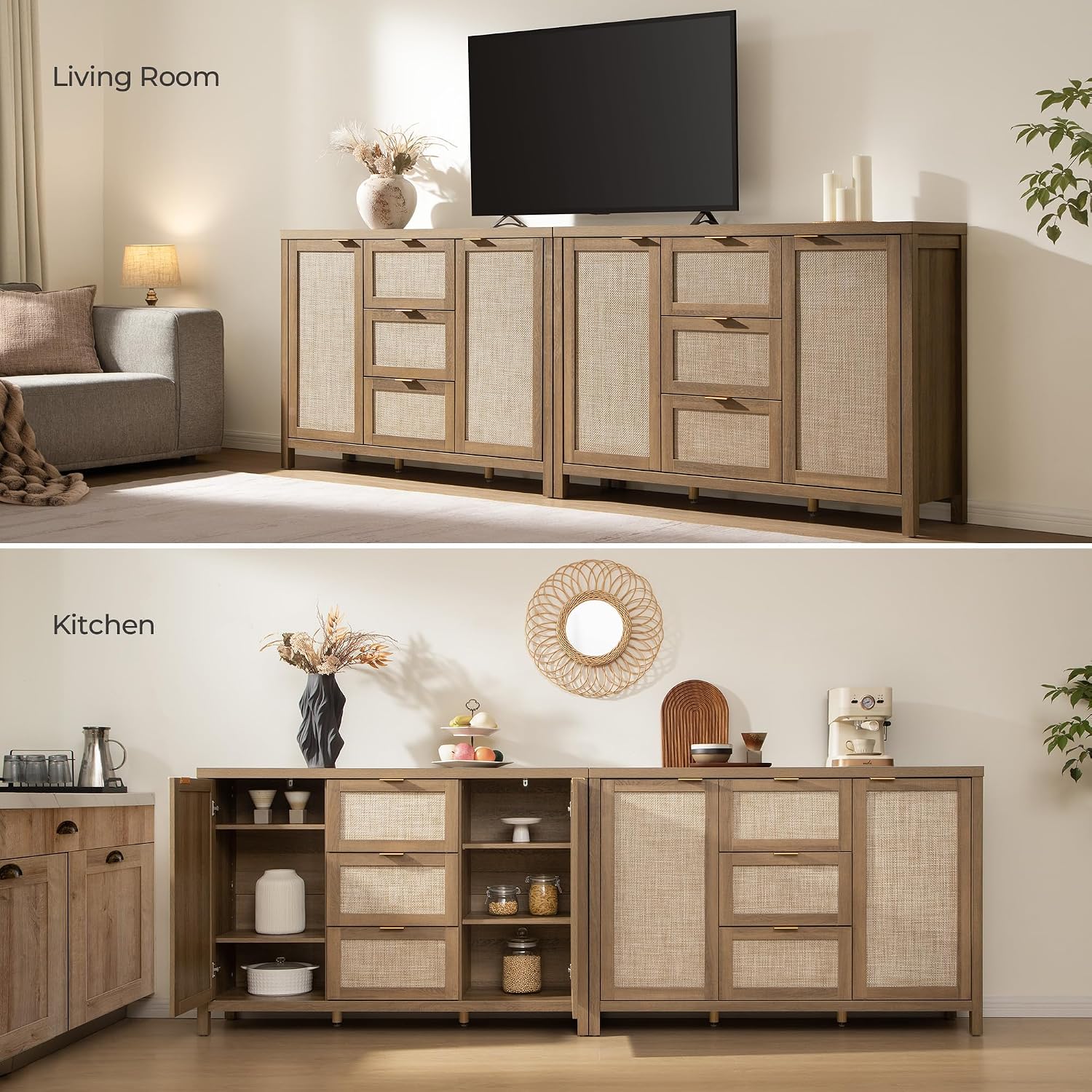 SICOTAS Rattan Large Sideboard Buffet Cabinet with Storage - Farmhouse Boho Coffee Bar Storage Cabinet with 3 Drawers and 2 Doors, Tall Credenza for Living Room, Kitchen, Caramel Oak (2 Pieces)