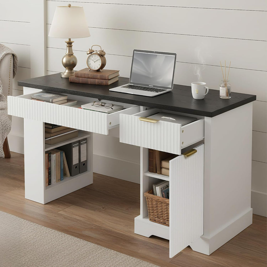 RiteSune 55' Office Desk with USB Charging, Fluted Computer Desk with Pegboard, Convertible Keyboard Tray & Adjustable Storage Cabinet, Modern Home Office Desk