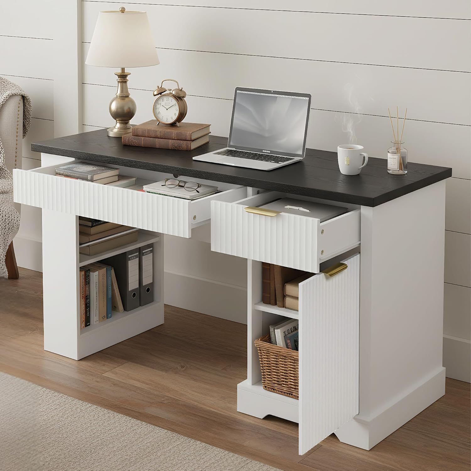 RiteSune 55' Office Desk with USB Charging, Fluted Computer Desk with Pegboard, Convertible Keyboard Tray & Adjustable Storage Cabinet, Modern Home Office Desk