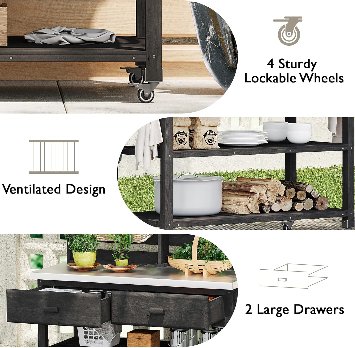 64.9'H Outdoor Potting Bench Table, Outdoor Wood Workstation Table with Lockable Wheels, Stainless Steel Top, Towel Rack, Solid Wood Outdoor Kitchen Island with Upper Hutch for Grilling, Lawn Garden