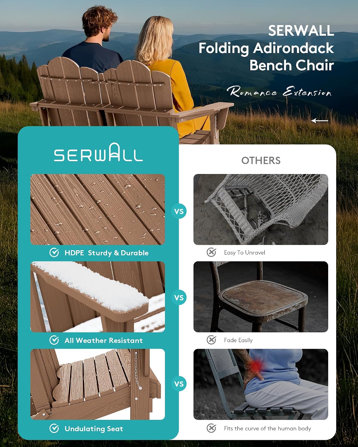 SERWALL 3 Pieces Patio Adirondack Bench Set, 2 Folding Adirondack Bench & 1 Coffee Table with Umbrella Hole Set for Front Porch Garden Balcony Backyard, Brown