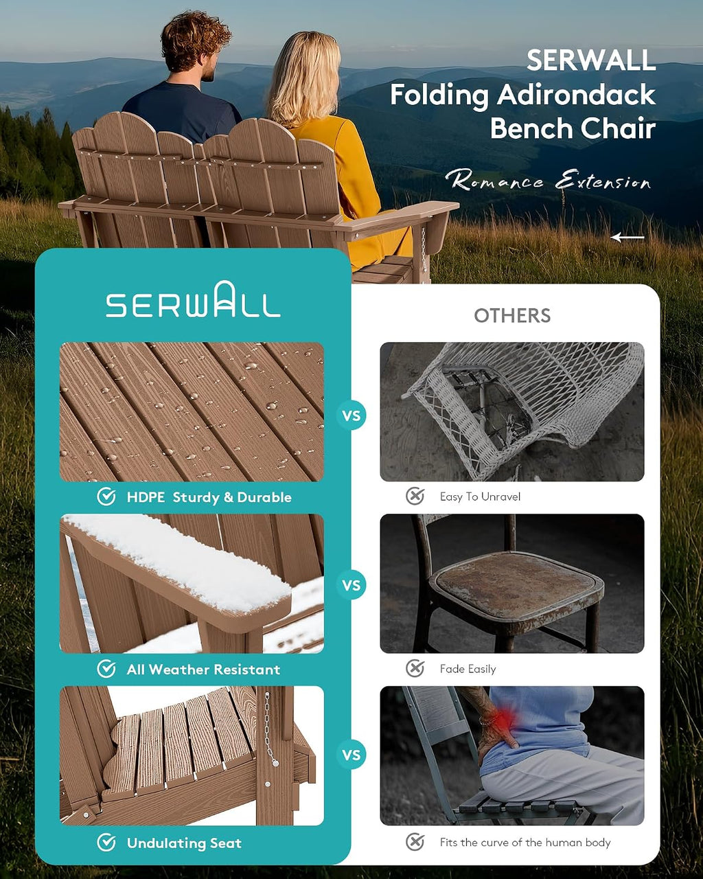 SERWALL 5 Pieces HDPE Patio Adirondack Chair Set, 2 Adirondack Chair with Cup Holder & 2 Adirondack Bench & 1 Coffee Table with Umbrella Hole, Brown