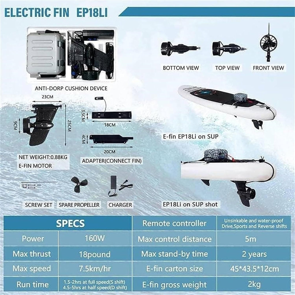 24V Battery Electric Fin, Paddle Board Push Motor Sup Surf Kayak, Electric Surfboard Fins Propeller with Remote Control, Portable Powered Surfboard Kit 3-6Km/H