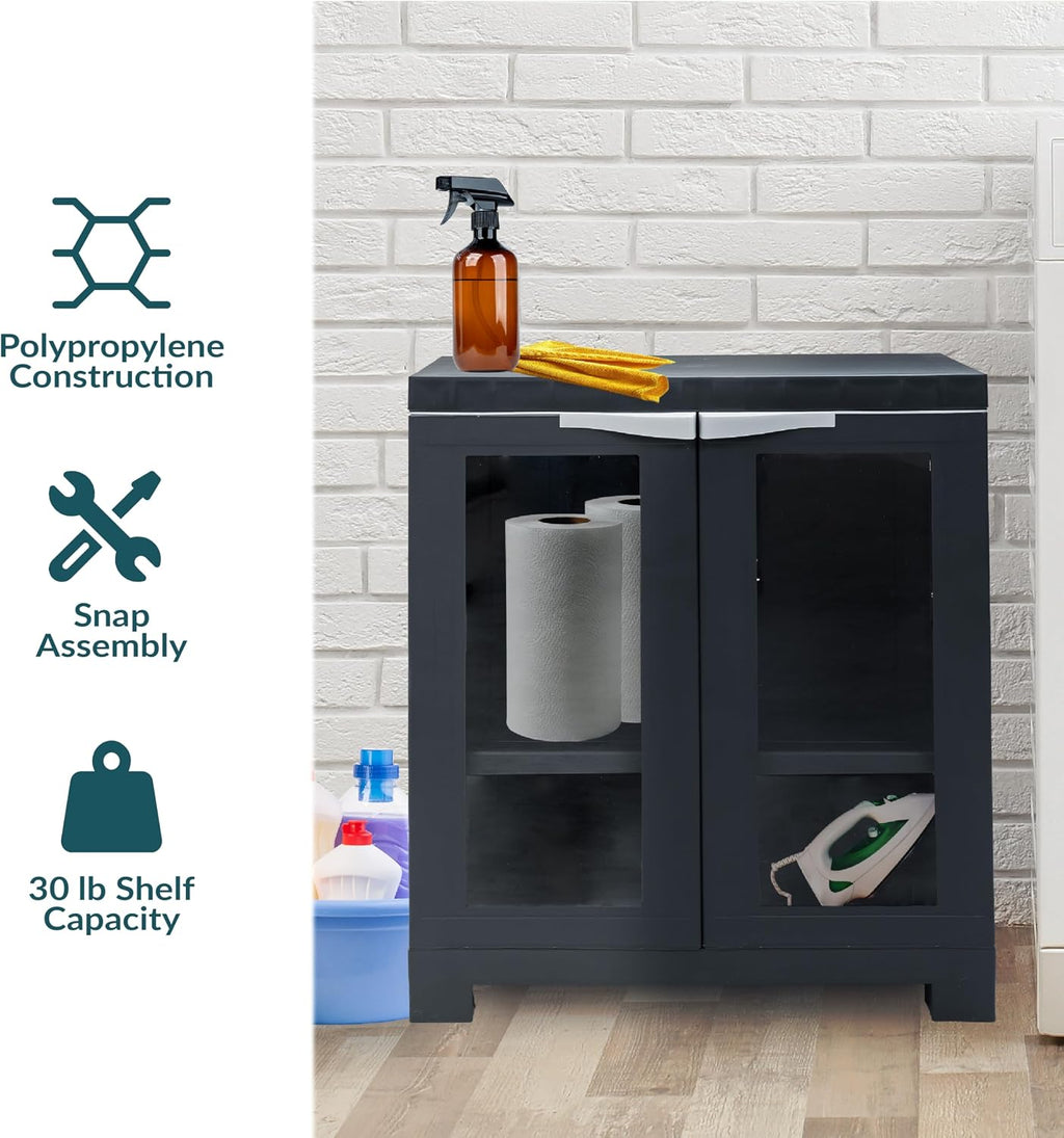 Sunnydaze 25.5' H Resin Garage Storage Cabinet - Garage Cabinet with 2 Acrylic Glass Doors - Freestanding Utility Storage for Laundry Room, Office, Basement - Charcoal