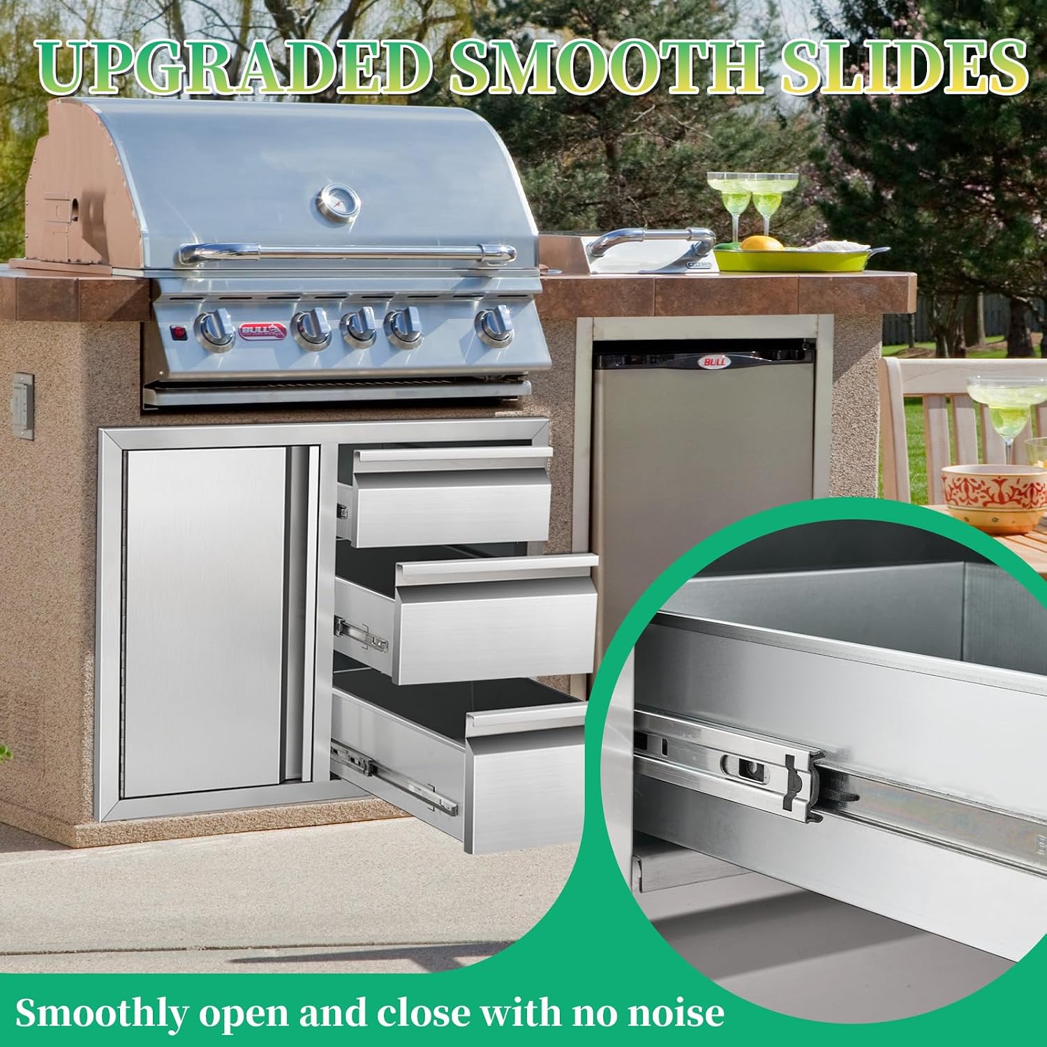 Outdoor Kitchen Drawer Combo Cabinet Stainless Steel Triple Drawers & Access Doors, 28' W x 22' H x 19.5' D, Built-in BBQ Island Cabinet for Outdoor Grill Station (Drawer and Left Door Combo)