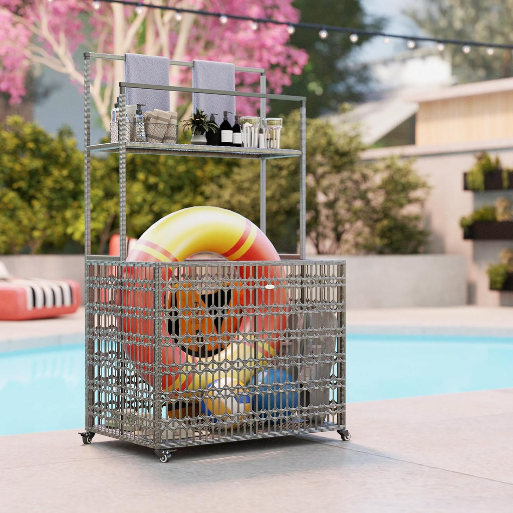 Outsunny Wicker Pool Float Storage Organizer, PE Rattan Pool Float Holder with Basket Shelf Towel Bars, Rolling Pool Caddy for Floaties, Noodles, Life Vests, Beach Balls, Mixed-Gray