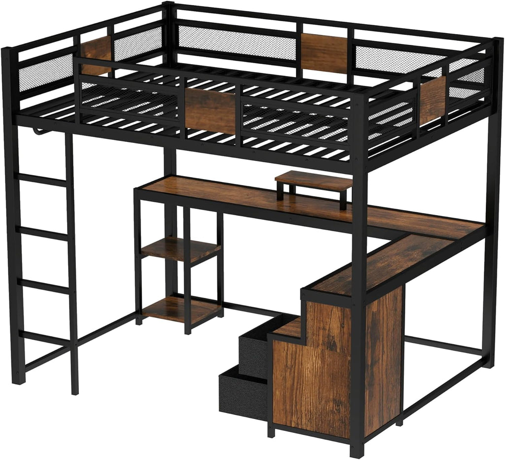Bellemave Queen Loft Bed with Storage Drawers and L-Shaped Desk, Metal Loft Bed Frame with Computer Monitor Stand, Hang Rod, and Multi-Function Shelves, Loftbed with Noise-Free Design, Black