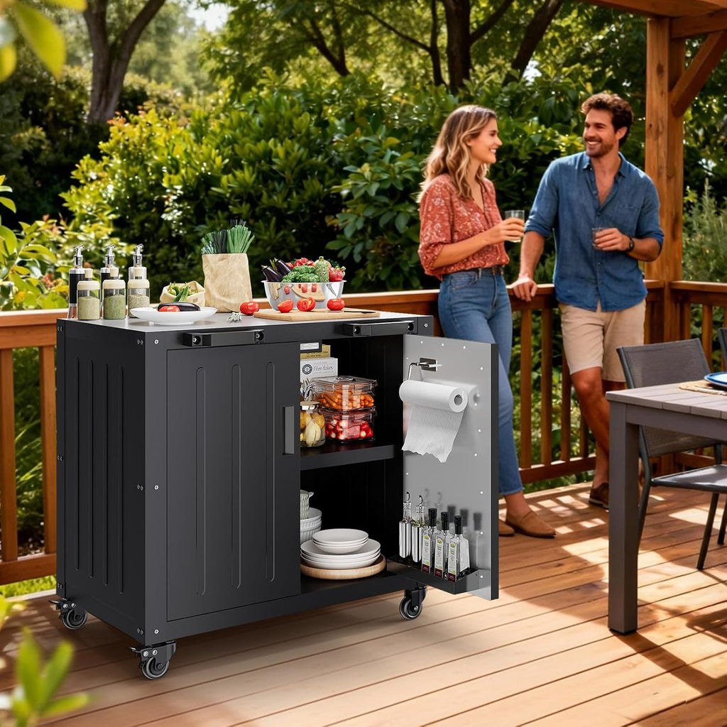 Garvee Grill Table, Outdoor Grill Cart Bar Cart with Storage Cabinet for Grilling Accessories, Outdoor Cooking Table, Made Entirely of Stainless Steel, for Kitchen Prep, Working Table, Lawn & Garden