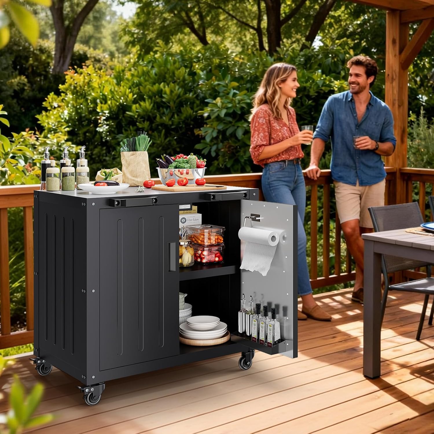 Garvee Grill Table, Outdoor Grill Cart Bar Cart with Storage Cabinet for Grilling Accessories, Outdoor Cooking Table, Made Entirely of Stainless Steel, for Kitchen Prep, Working Table, Lawn & Garden