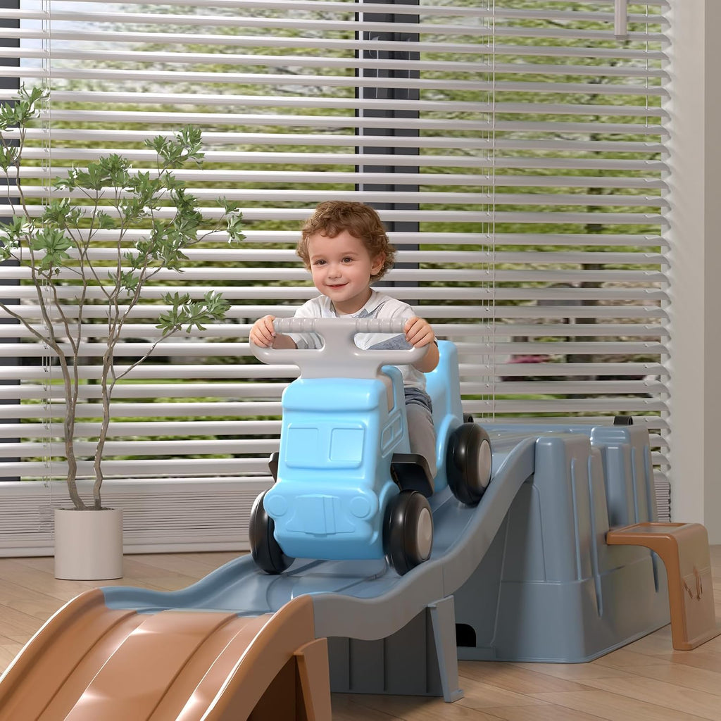 Up & Down Roller Coaster，Kids Ride On Toy，Toddler Push Car with Assembled Race Track & Storage Base Box, Indoor Outdoor Playset