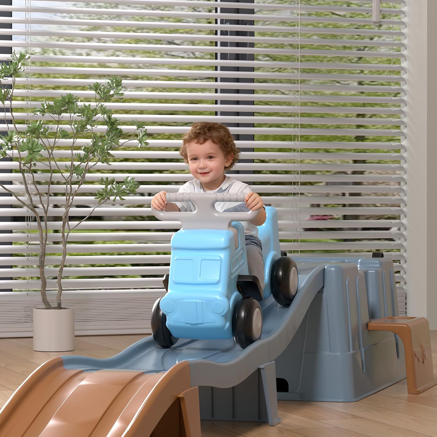 Up & Down Roller Coaster，Kids Ride On Toy，Toddler Push Car with Assembled Race Track & Storage Base Box, Indoor Outdoor Playset