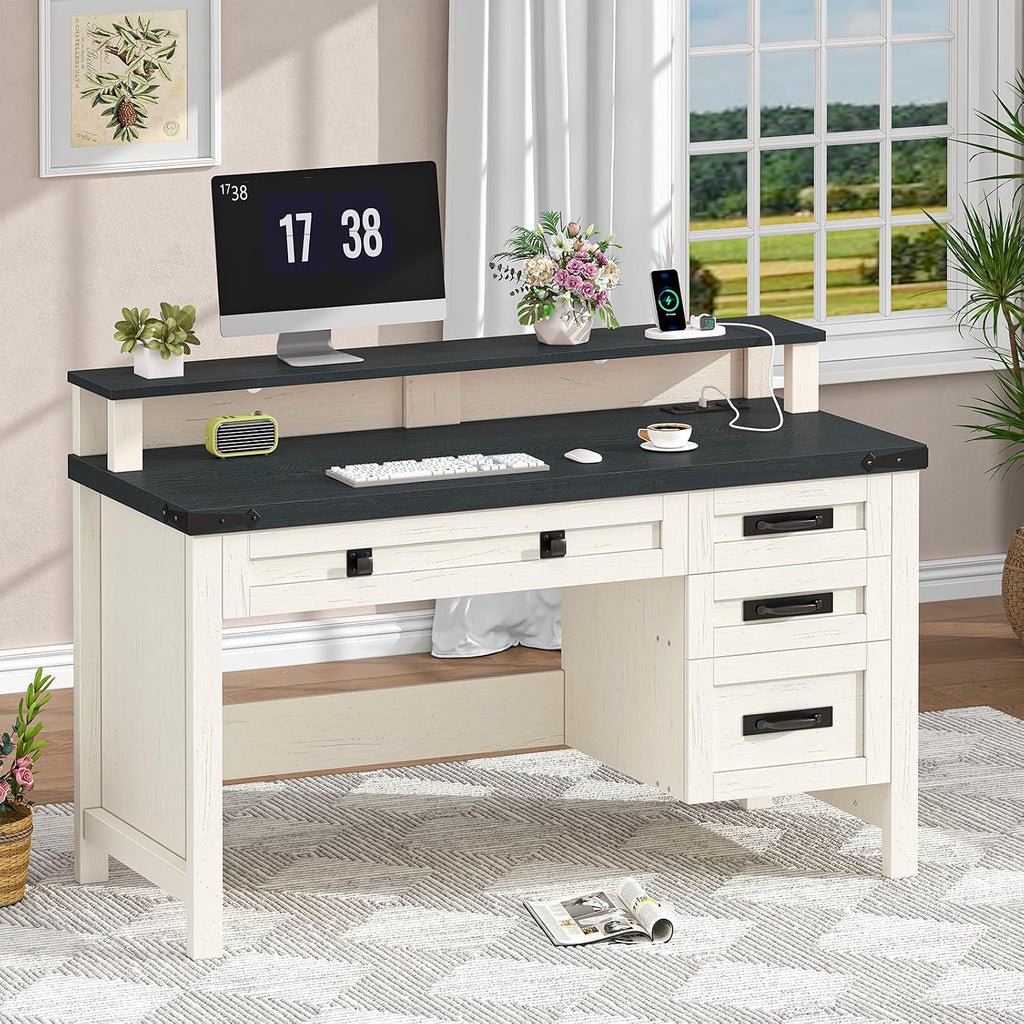 YOMILUVE Farmhouse Computer Desk with Drawers, 47' Small Computer Desk with Power Outlets, Home Office Desk with Monitor Stand & 4 Drawers, Writing Study Table, Black & White