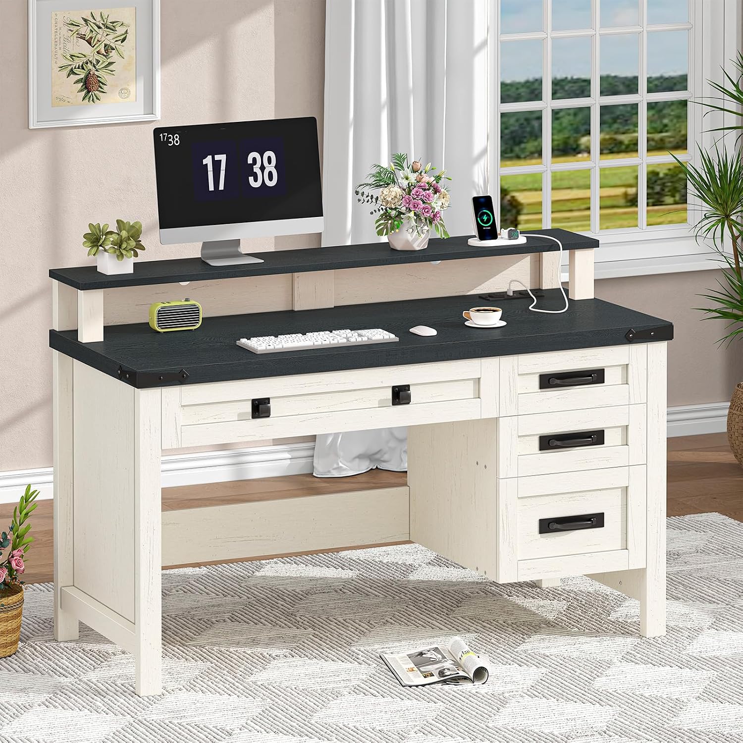 YOMILUVE Farmhouse Computer Desk with Drawers, 47' Small Computer Desk with Power Outlets, Home Office Desk with Monitor Stand & 4 Drawers, Writing Study Table, Black & White