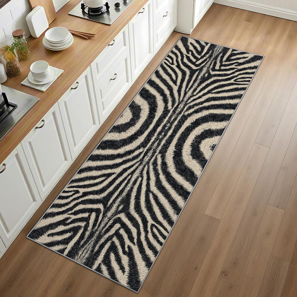 Zebra Print Rug Runner 4x12 - Washable Non Slip Runner Rug for Hallway - Zebra Skin Kitchen Rugs - Animal Print Wildlife Carpet Runners for Hallway, Laundry Room, Bedroom, Bathroom