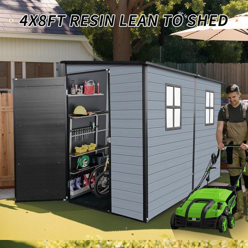 4x8ft Resin Shed with Floor Included, Outdoor Storage Lean to Shed with 2 Windows and Lockable Door, Garden Sheds for Tools, Bike, Gray and Black
