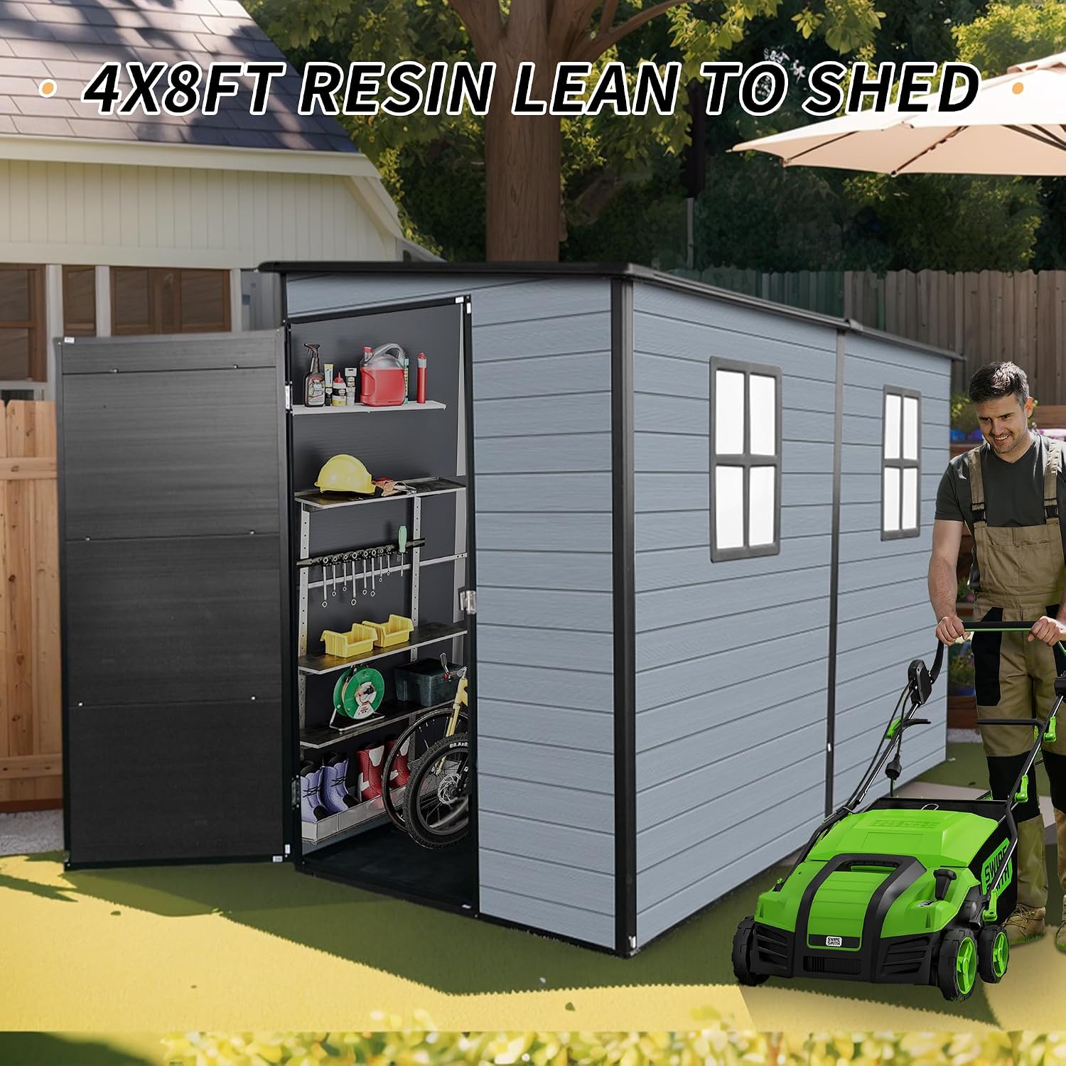 4x8ft Resin Shed with Floor Included, Outdoor Storage Lean to Shed with 2 Windows and Lockable Door, Garden Sheds for Tools, Bike, Gray and Black