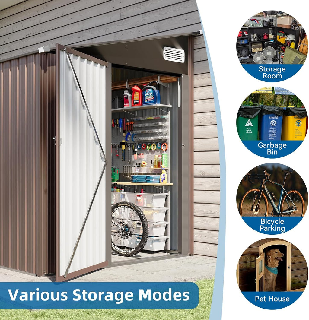 8'x6' Lean to Shed Large Storage Room Galvanized Steel Storage Sheds with Side Door Waterproof Utility Shed with Sloped Roof for Mower, Bike, Garden Tools (Brown)