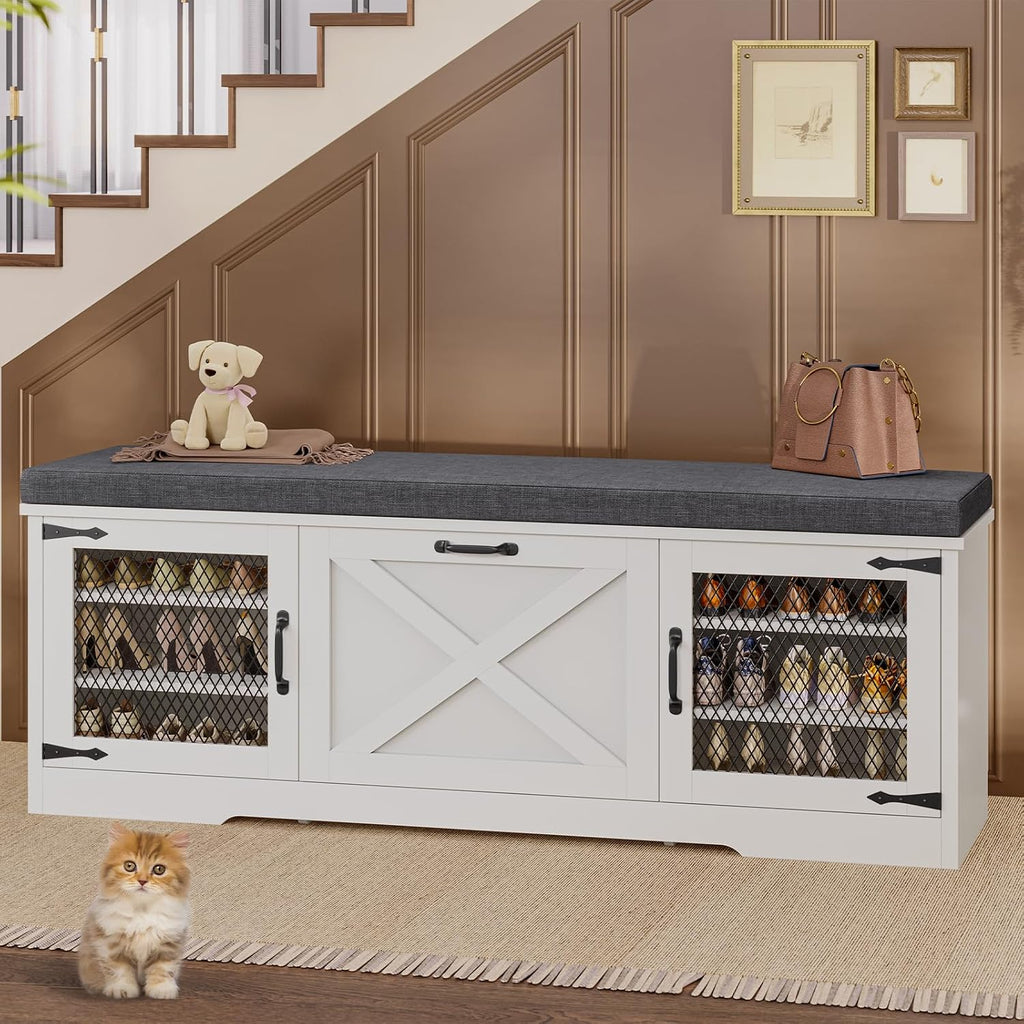 UPOSOJA Farmhouse Storage Bench with Flip Drawers & Padded Seat Cushion, Half Hidden Shoe Rack Organizer, Adjustable Shelf Shoe Cabinet for Entryway, Bedroom, Living Room (White, 57IN)