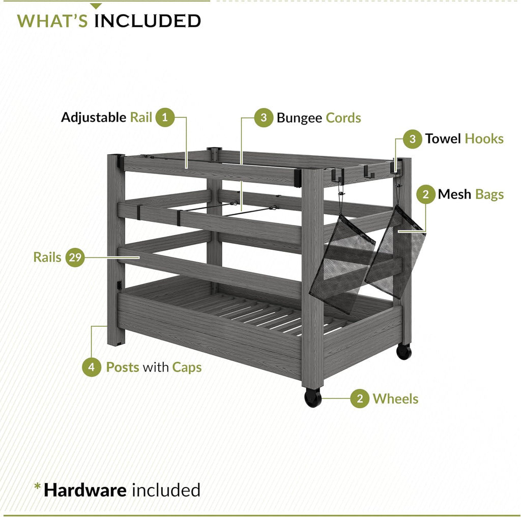 3.4ft H x 4.6ft W x 2.8ft L WoodTek Poolside Organizer and Pool Float Storage Rack, Wheeled Storage for Toys, Floats, and Accessories - Durable Pool Deck Caddy & Organizer w/ Dividers, Zippity AZ19078