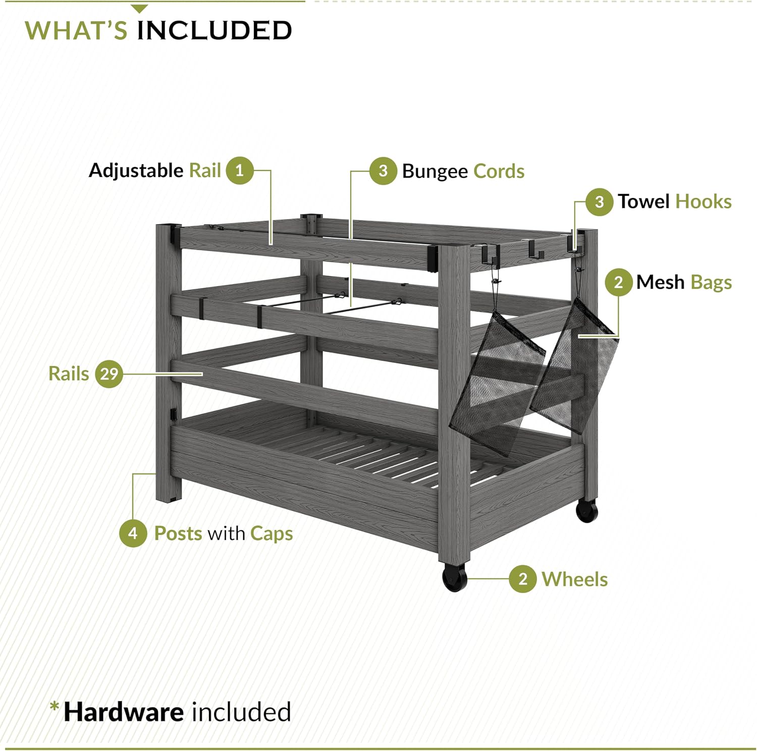 3.4ft H x 4.6ft W x 2.8ft L WoodTek Poolside Organizer and Pool Float Storage Rack, Wheeled Storage for Toys, Floats, and Accessories - Durable Pool Deck Caddy & Organizer w/ Dividers, Zippity AZ19078