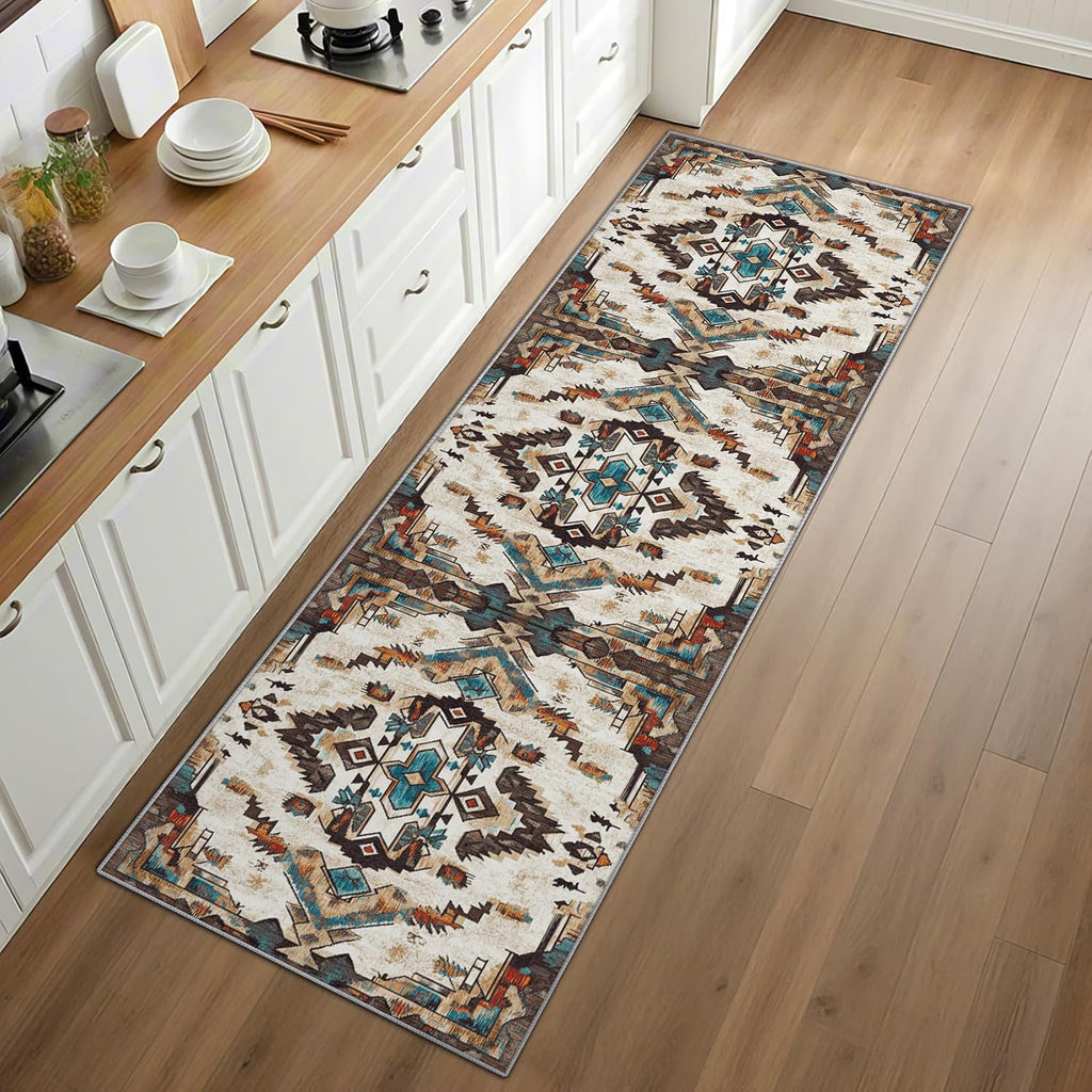 Southwest Rug Runner 3x10 - Washable Non Slip Runner Rug for Hallway - Aztec Tribal Native American Kitchen Rugs - Indian Navajo Carpet Runners for Hallway, Laundry Room, Bedroom, Bathroom