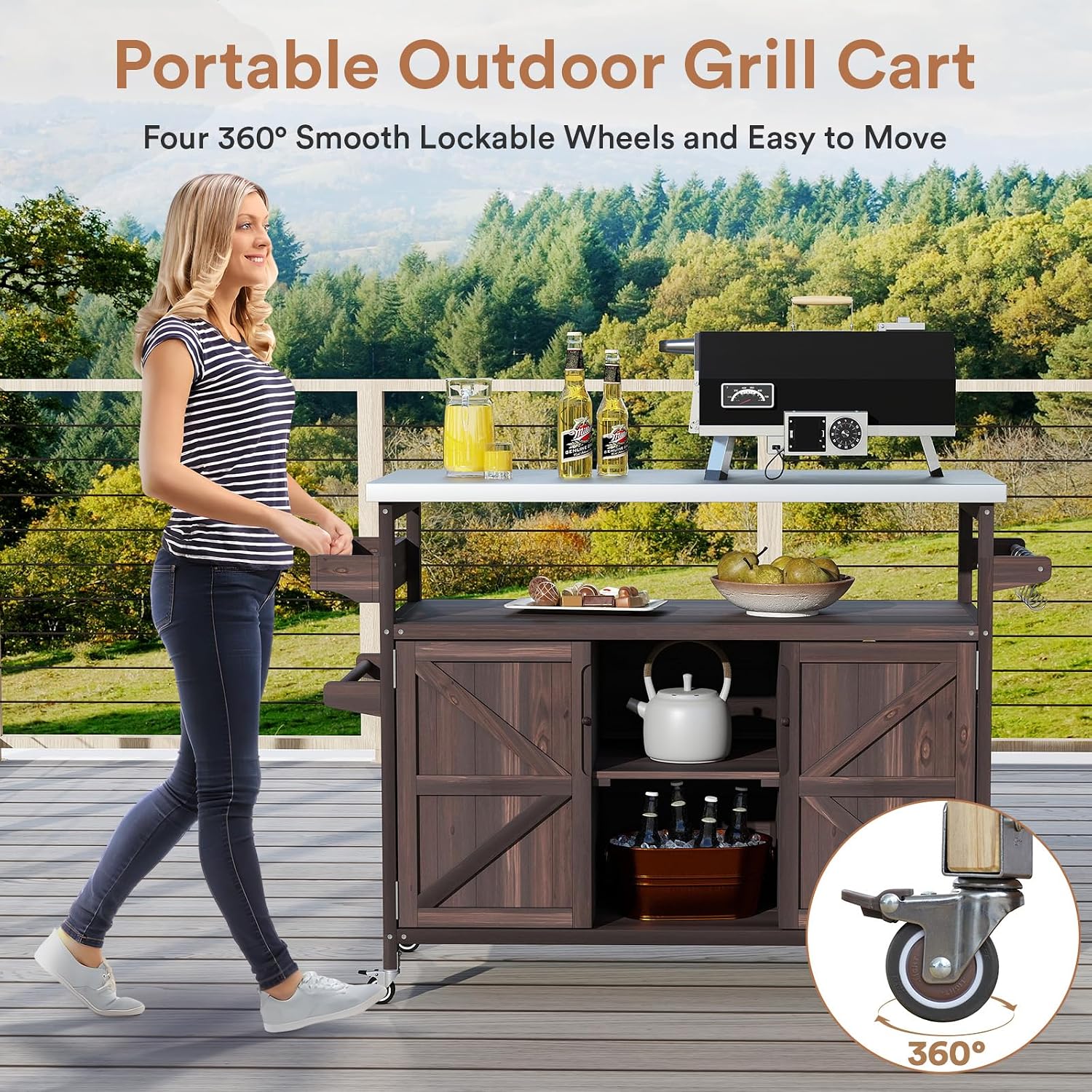 Zevemomo Outdoor Grill Cart with Storage Space, Stainless Steel Tabletop Outdoor Kitchen Island, Fir Wood Outdoor Buffet Cabinet with Lockable Casters for Grilling, Brown
