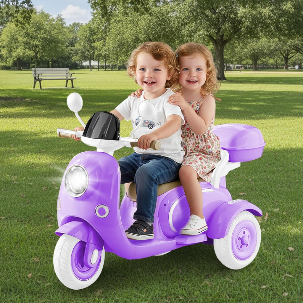 HEIMILI 12V 2-Seater Ride on Motorcycle for Kids, 3 Wheel Electric Motorbike with Dual 25W Motors, Toddler Moped Scooter with Bluetooth Music, Battery Powered Toy for Girls Boys 3-6 Years, Purple