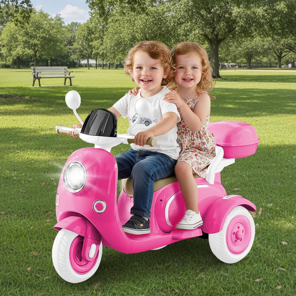 HEIMILI 12V 2-Seater Ride on Motorcycle for Kids, 3 Wheel Electric Motorbike with Dual 25W Motors, Toddler Moped Scooter with Bluetooth Music, Battery Powered Toy for Girls Boys 3-6 Years, Rose
