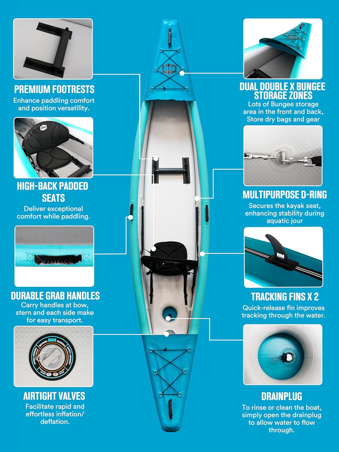 BEYOND MARINA Inflatable Kayak 1 & 2 & 3 Person Adult- Full Drop Stitch Kayak with Aluminum Paddles, Seats, Footrests, Pump, Fins