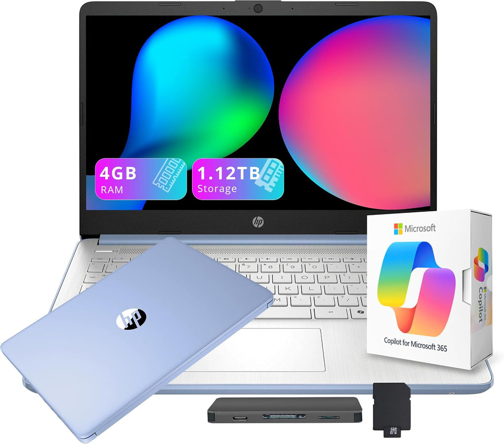 HP Stream 14' HD Student&Business Laptop with AI Copilot, Intel Processor N150, 4GB RAM, 1.12TB Storage (128GB UFS + 1TB Docking Station), 1 Year Office 365, 720p Webcam, Win 11, Sky Blue