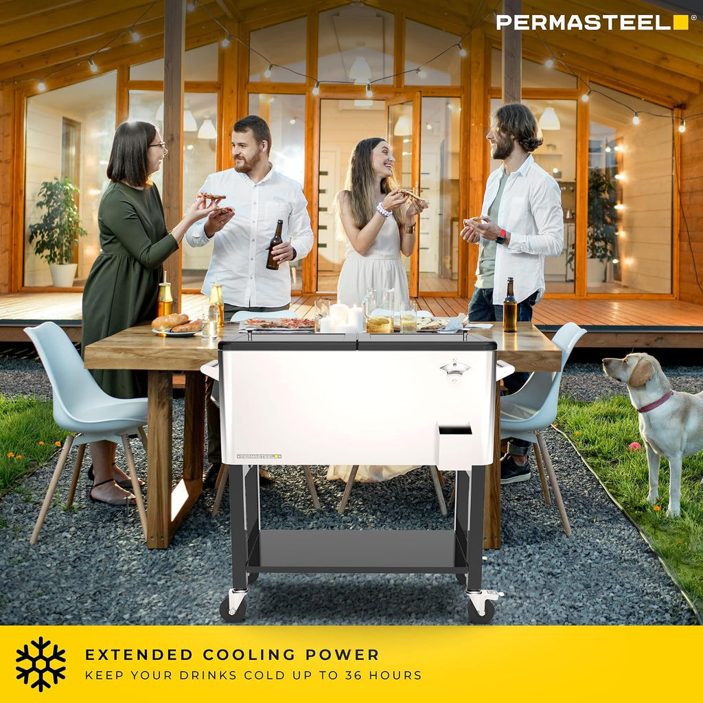 Permasteel Party Cooler with Divider, Removable Basin, Spacious 80-Qt Capacity, Chills 36hrs, Serving Tray, Rolling Ice Chest for Indoor & Outdoor