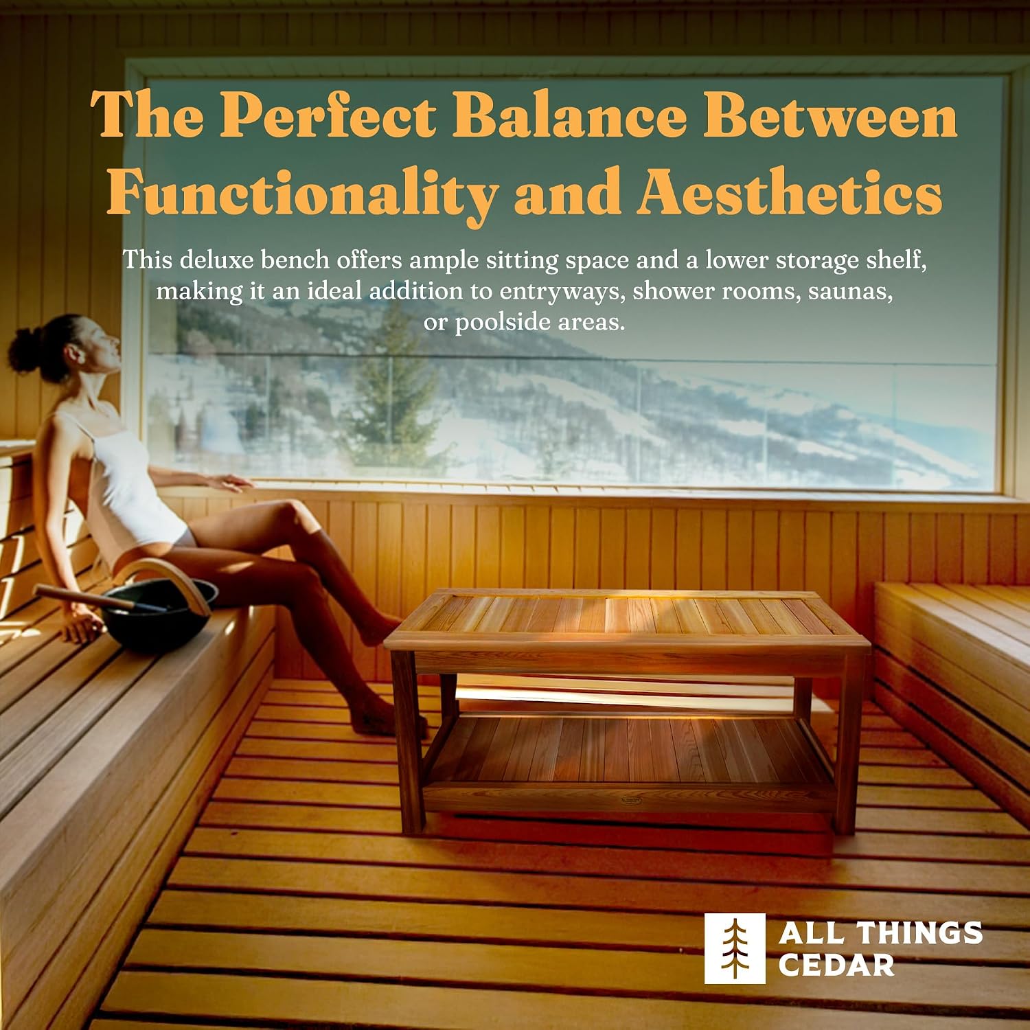 All Things Cedar 44' Deluxe Cedar Wood Sauna Bench, Indoor Outdoor Seating, Natural