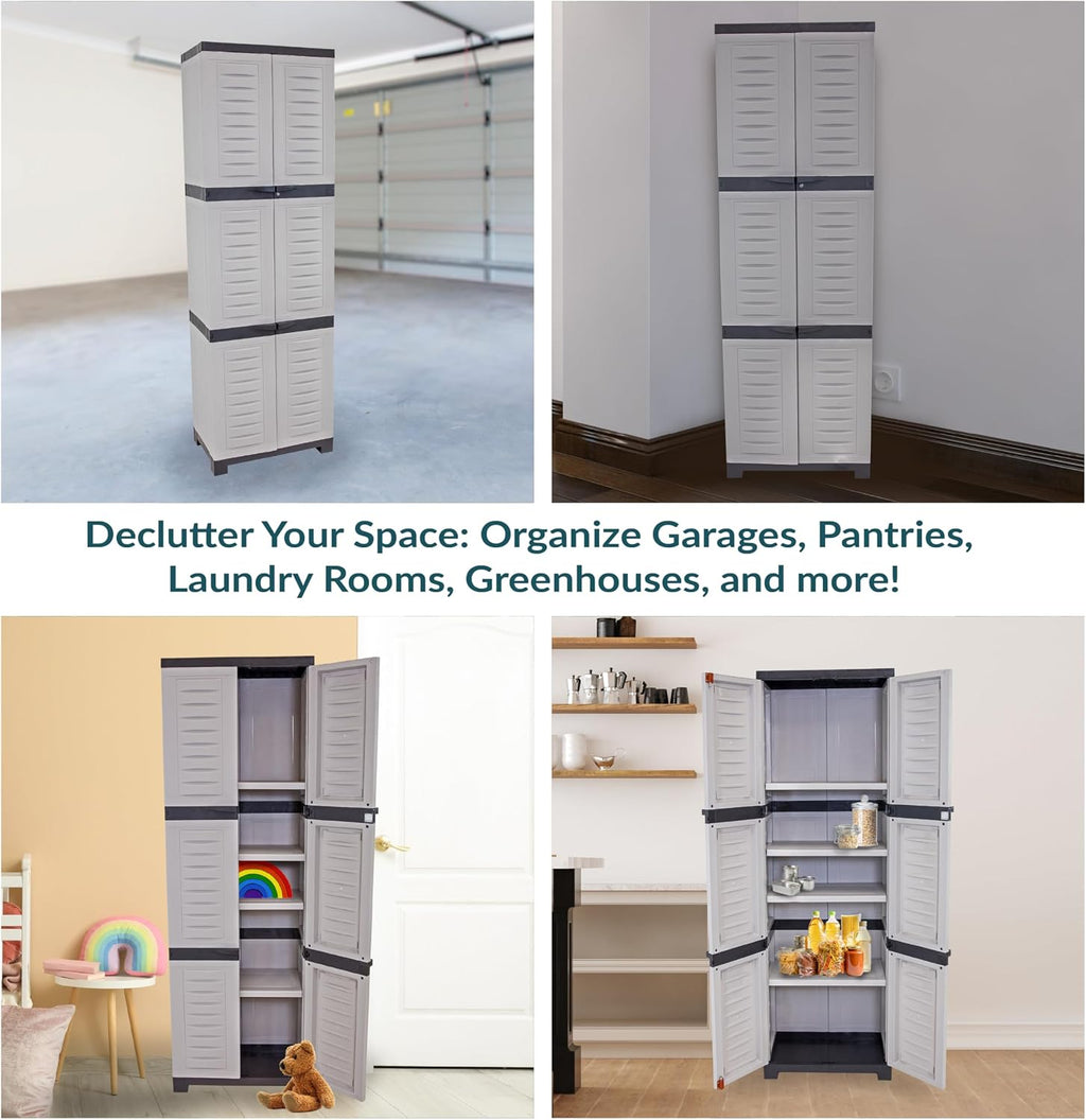 Sunnydaze 72' H Resin Garage Storage Cabinet - Garage Cabinet with Lockable Doors and Adjustable Shelves - Freestanding Utility Storage for Laundry Room, Office, Basement - Gray