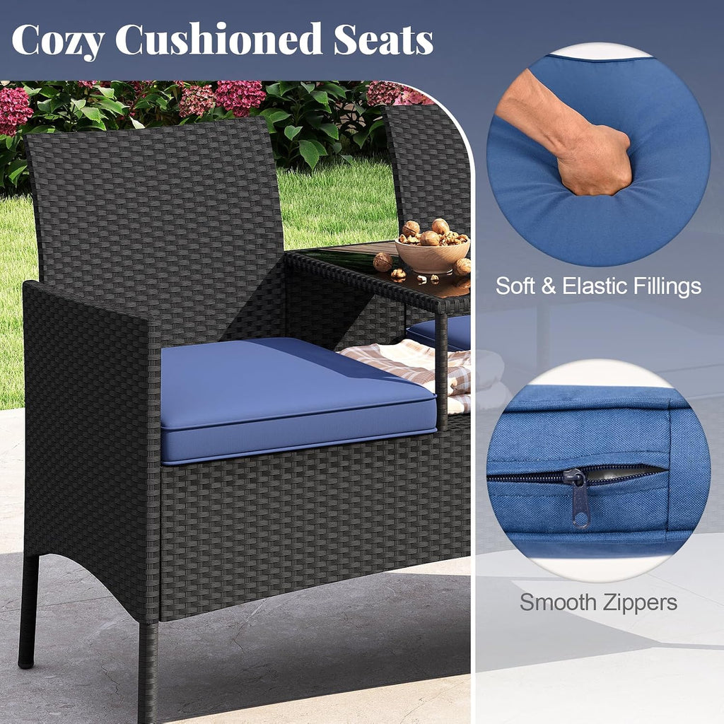 Tangkula Patio Loveseat with Built-in Table, Wicker 2-Seat Furniture with Soft Cushions & Tempered Glass Tabletop, Metal Frame Outdoor Conversation Seating Bench for Backyard, Porch