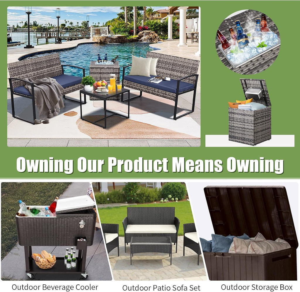 FHFO 4 Piece Outdoor Patio Furniture Set with Built-in Beverage Cooler Storage Box, Wicker Conversation Sets Patio Outdoor Loveseats & Coffee Table for Outside, Garden, Balcony, Porch, Grey/Blue